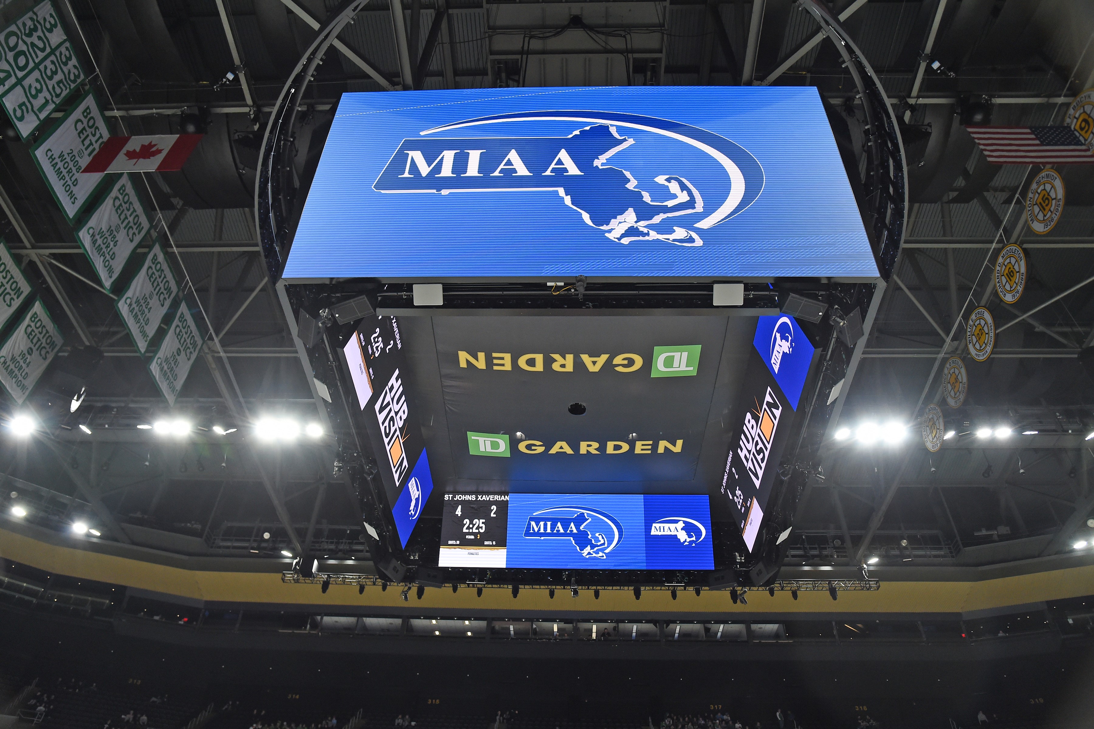 a large-scale video board called a jumbotron in an arena sitting high above the center court