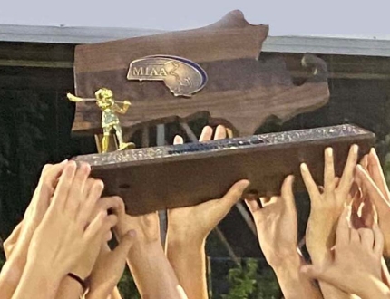 multiple peoples hands holding up a trophy