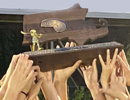 multiple peoples hands holding up a trophy