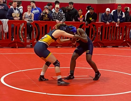 Two wrestlers from opposing teams compete in front of an audience