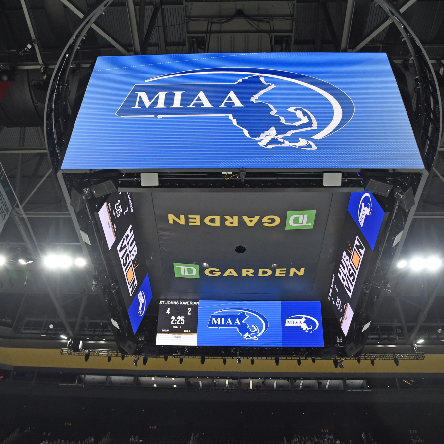 a large-scale video board called a jumbotron in an arena sitting high above the center court