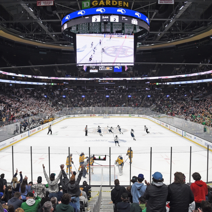 a full crowd of people in the stands of an ice hockey game